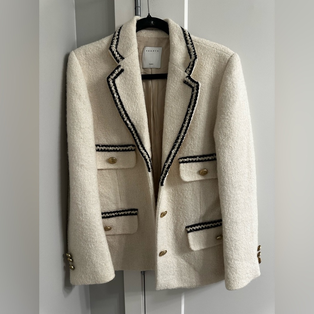 Sandro Cream Tweed Blazer with Black Braid Trim